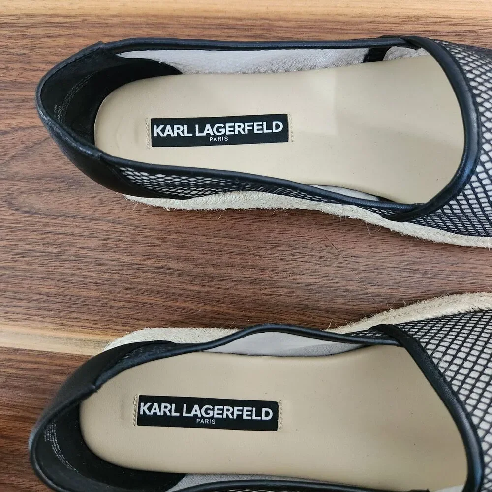 Karl Lagerfeld Paris Adila Mesh Slip On Espadrille Platform Leather Black Shoe 8